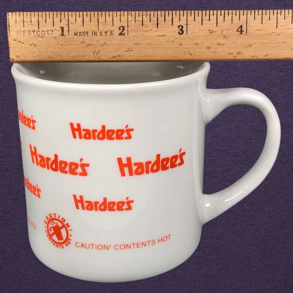 Set of 2 Hardees Caution! Contents Hot Coffee Cup Mug White Orange - Picture 10 of 12